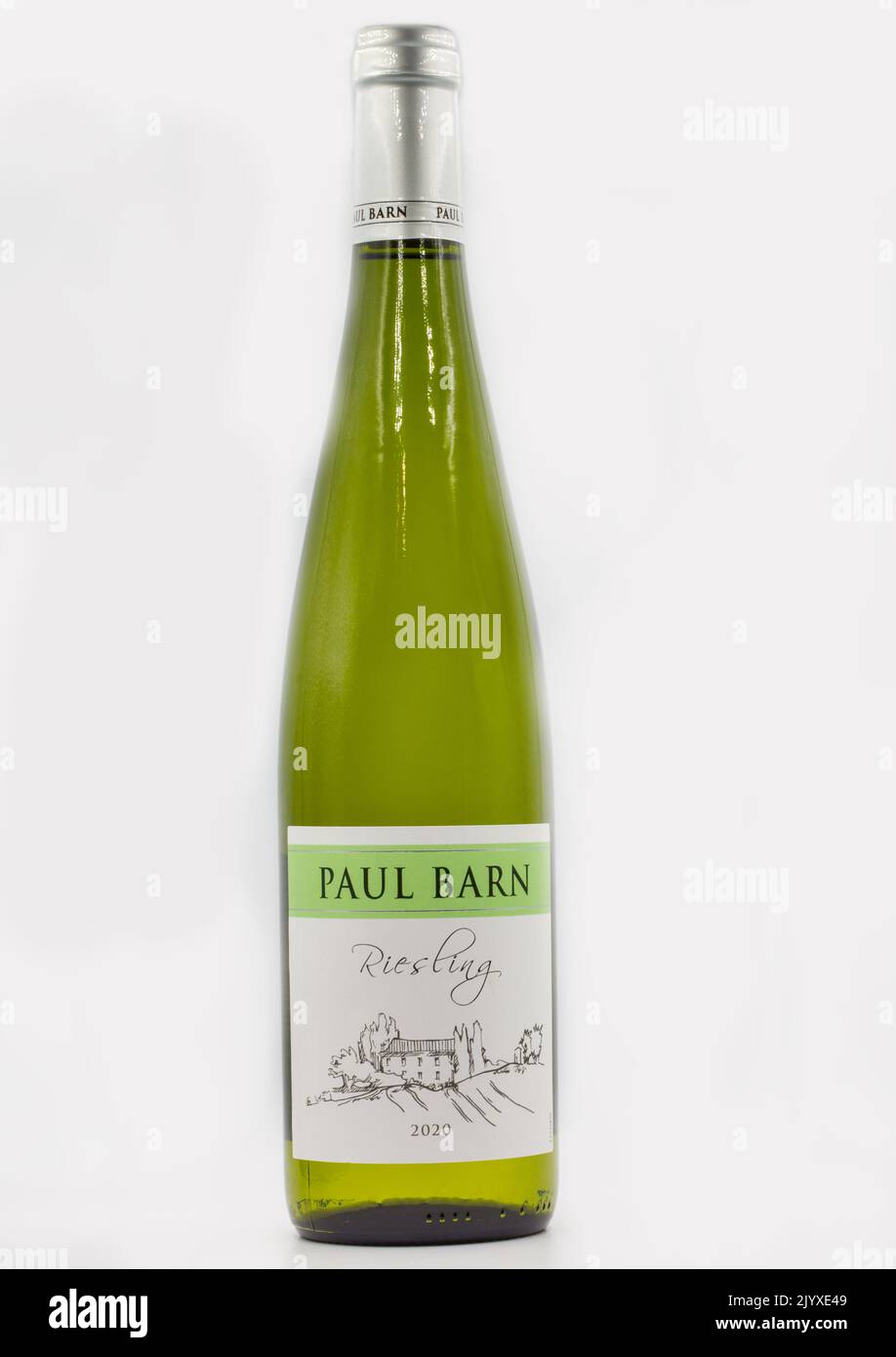 Kyiv, Ukraine - June 10, 2021: Studio shoot of Paul Barn Riesling French white semi sweet wine bottle closeup against white background. Stock Photo