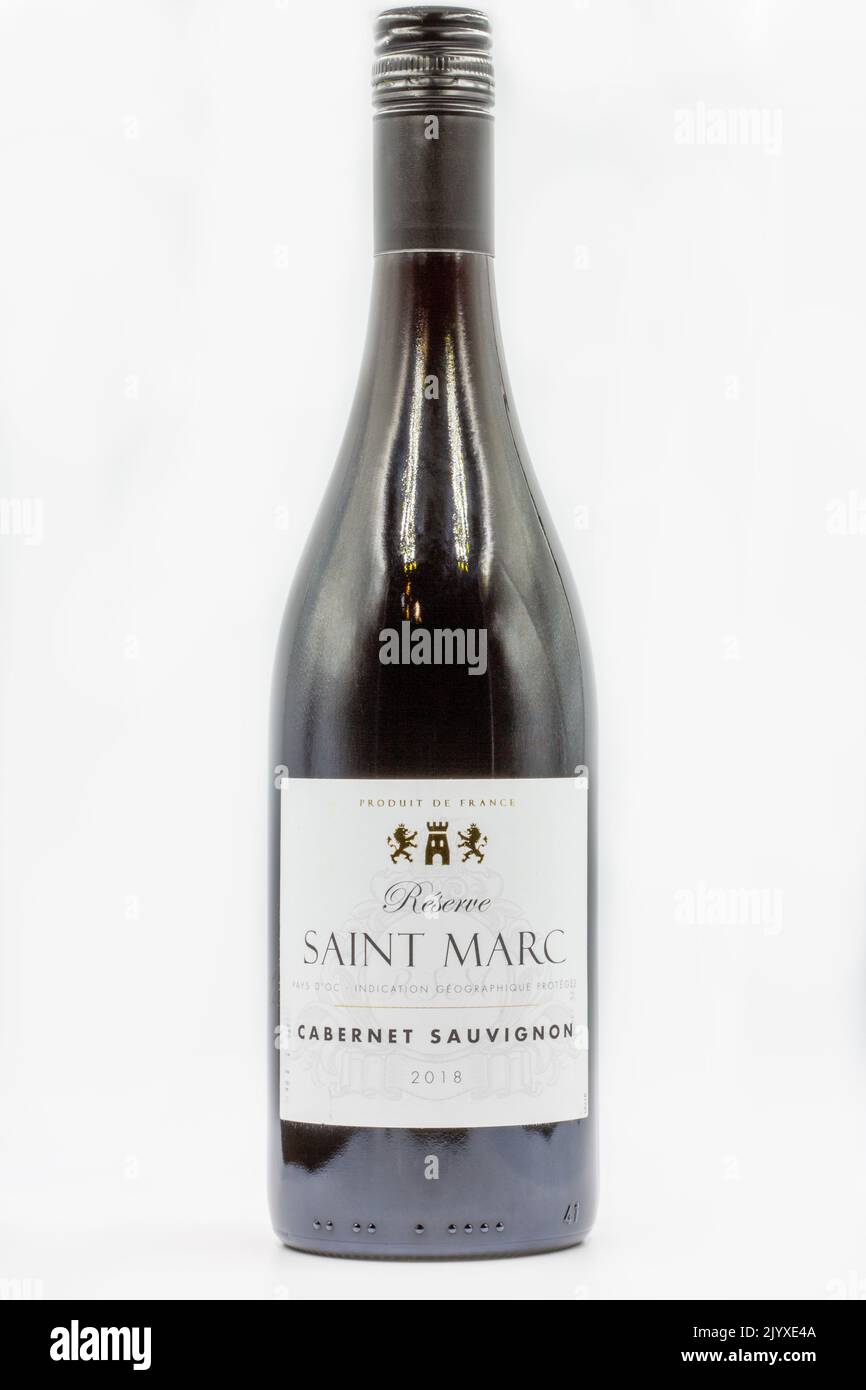 Kyiv, Ukraine - June 10, 2021: Studio shoot of French Reserve Saint Marc Cabernet Sauvignon red wine bottle closeup against white background. Stock Photo