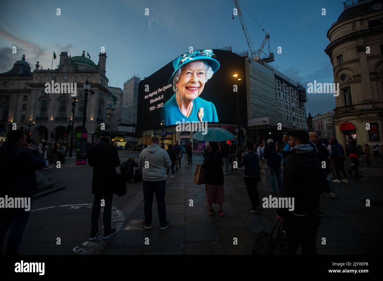 London, England, UK. 8th Sep, 2022. A tributet to Queen Elizabeth II is on display on giant screen in Piccadilly Circus after her death announcement. (Credit Image: © Tayfun Salci/ZUMA Press Wire) Stock Photo