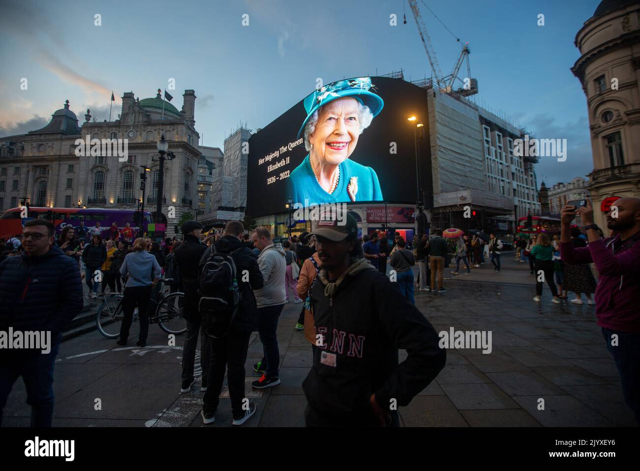 London, England, UK. 8th Sep, 2022. A tributet to Queen Elizabeth II is on display on giant screen in Piccadilly Circus after her death announcement. (Credit Image: © Tayfun Salci/ZUMA Press Wire) Stock Photo