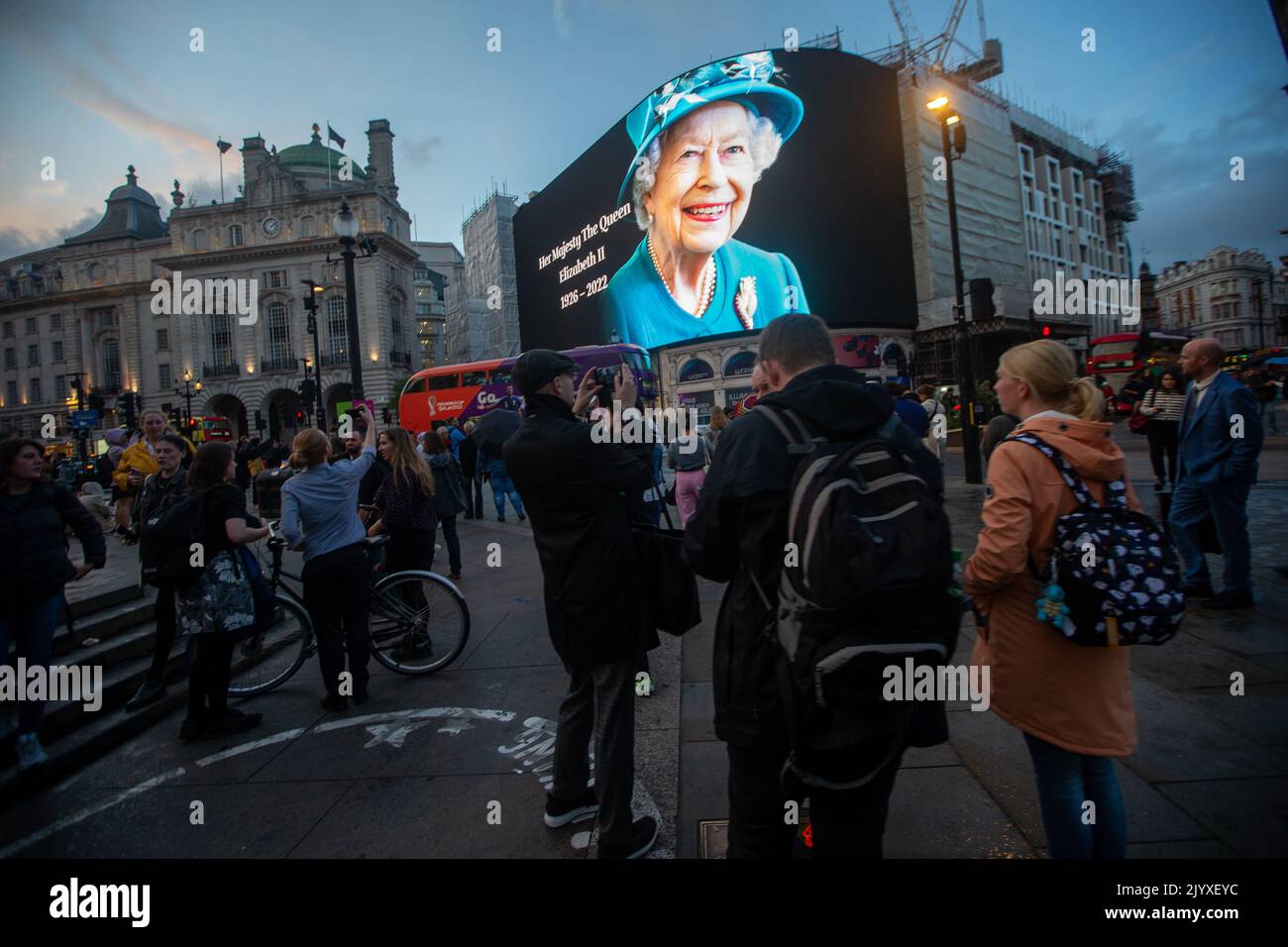 London, England, UK. 8th Sep, 2022. A tributet to Queen Elizabeth II is on display on giant screen in Piccadilly Circus after her death announcement. (Credit Image: © Tayfun Salci/ZUMA Press Wire) Stock Photo