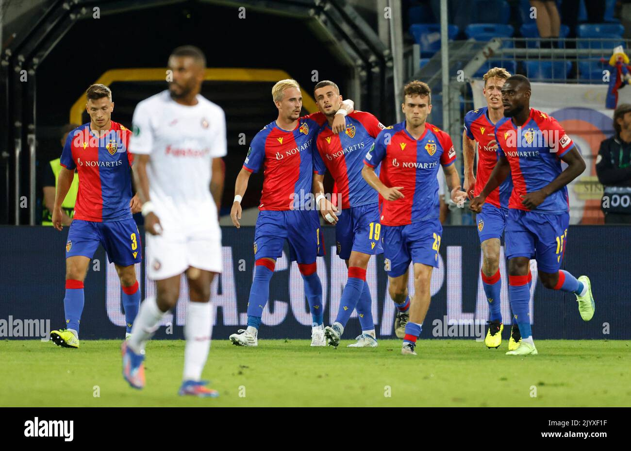 Soccer Football - Europa Conference League - Group H - Basel v Pyunik - St. Jakob-Park, Basel, Switzerland - September 8, 2022 Basel's Darian Males celebrates scoring their first goal with teammates REUTERS/Stefan Wermuth Stock Photo