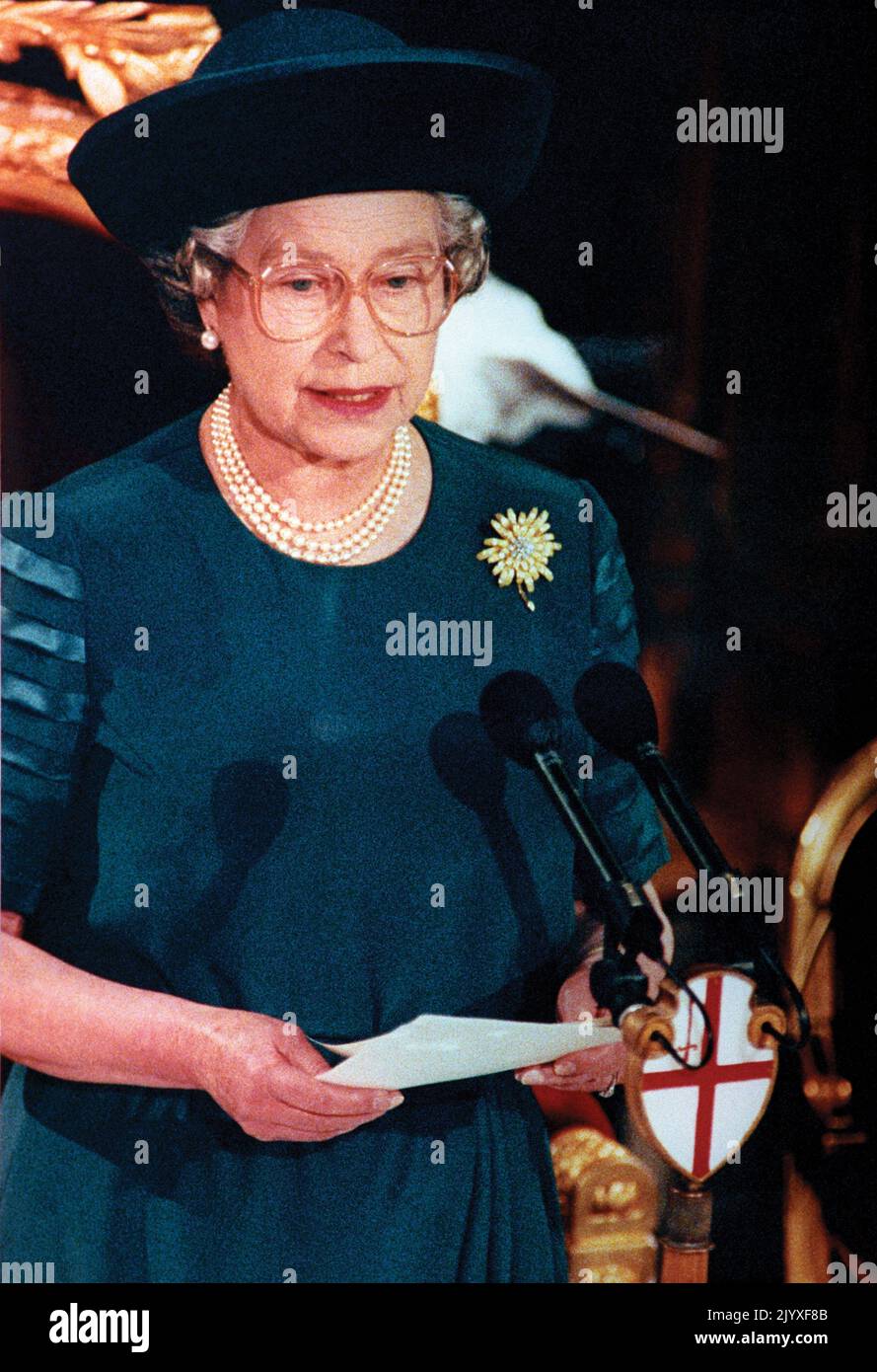 File photo dated 24/11/1992 of Queen Elizabeth II delivering her speech after a Guildhall luncheon to mark the 40th anniversary of her accession to the throne in which she branded 1992 her 'Annus Horribilis' due to criticisms of the Royal family. The Queen's Annus Horribilis speech at Guildhall on 24 November, 1992, marking 40 years on the throne, followed a year which had seen the Prince and Princess of Wales at war, the Duke and Duchess of York separated, Princess Anne divorced, Windsor Castle went up in flames and the publication of Andrew Morton's book: 'Diana: Her True Story'. In December Stock Photo