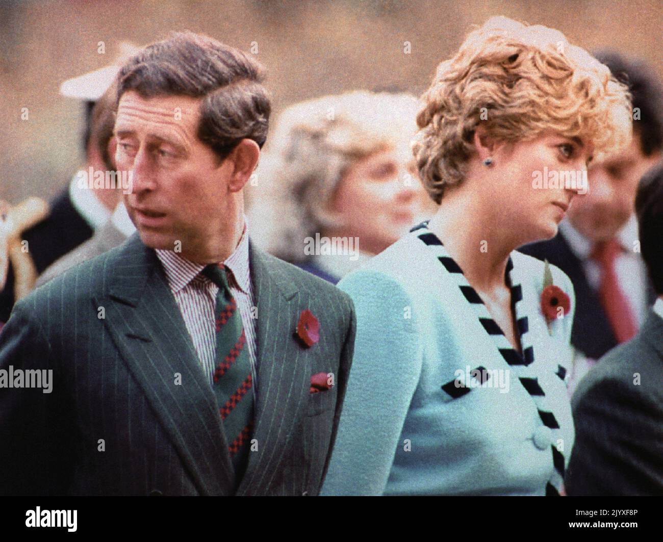 File photo dated 3/11/1992 of the Prince and Princess of Wales looking their separate ways during a memorial service on their tour of Korea. The Queen's Annus Horribilis speech at Guildhall on 24 November, 1992, marking 40 years on the throne, followed a year which had seen the Prince and Princess of Wales at war, the Duke and Duchess of York separated, Princess Anne divorced, Windsor Castle went up in flames and the publication of Andrew Morton's book: 'Diana: Her True Story'. In December the Prince and Princess of Wales formally separated. Issue date: Thursday September 8, 2022. Stock Photo
