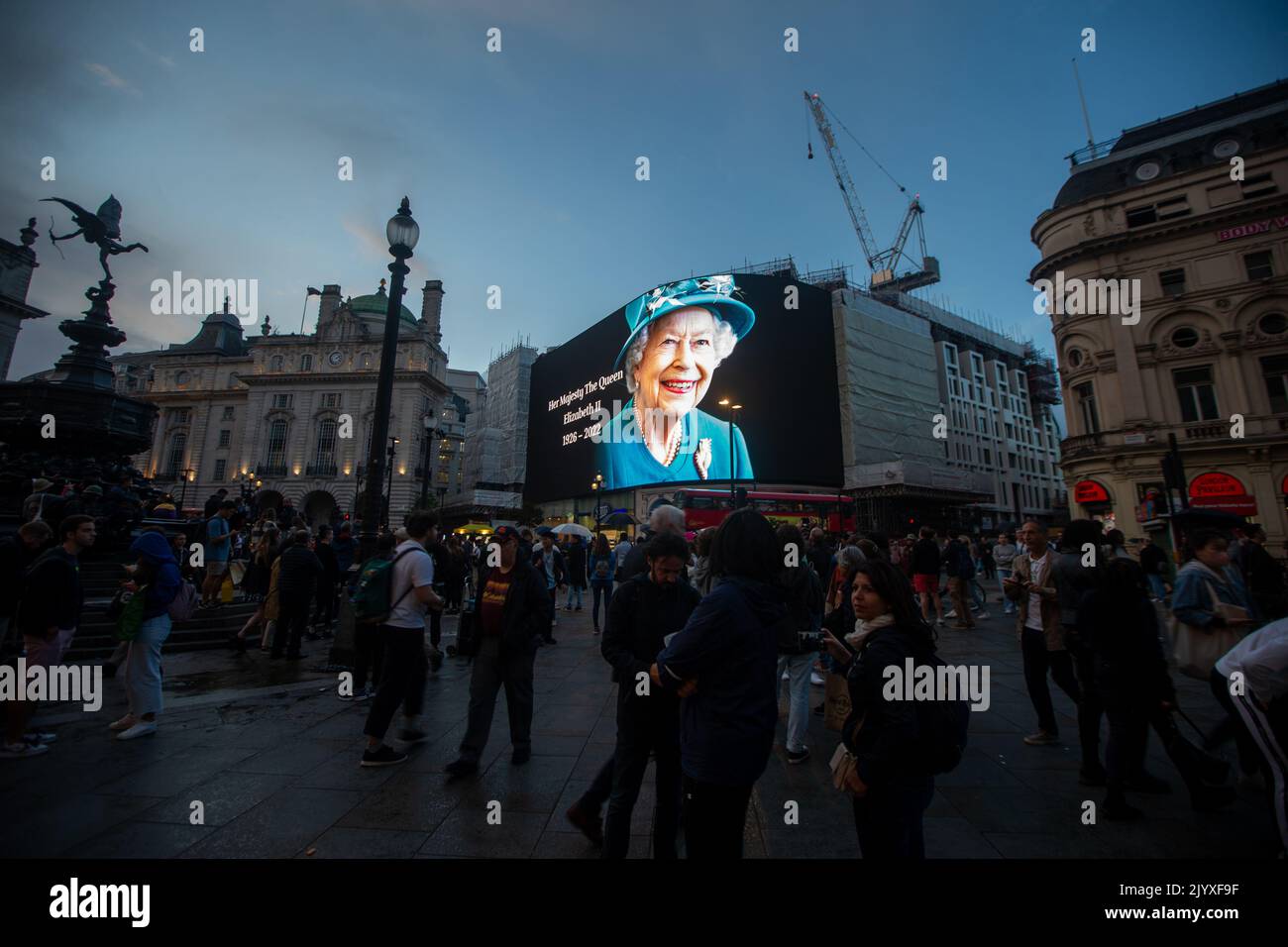 London, England, UK. 8th Sep, 2022. A tributet to Queen Elizabeth II is on display on giant screen in Piccadilly Circus after her death announcement. (Credit Image: © Tayfun Salci/ZUMA Press Wire) Stock Photo