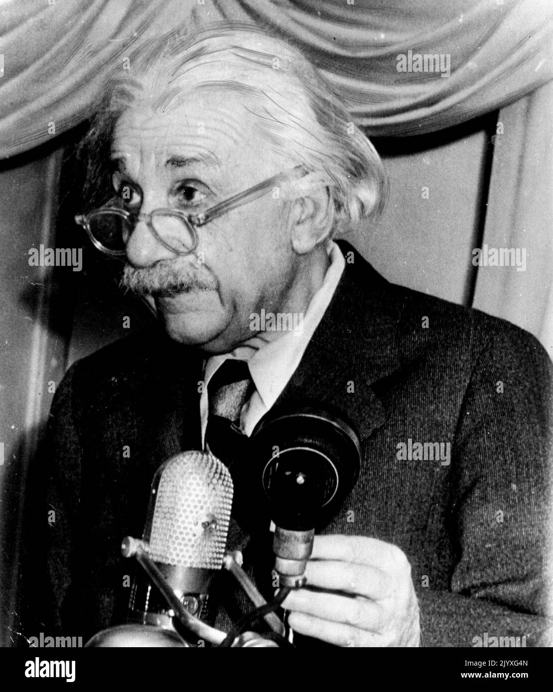 Einstein Urges Educational Support -- Dr. Albert Einstein, famed theoretical physicist making one of his rare public appearances, speaks to 300 Jewish community leaders of the U.S. and Canada at Nassau Tavern here tonight. He urged support for schools of higher learning in Israel as institutions where Jews will always be welcome. Meeting was the first national conference of the American Committee for the Hebrew University, Weizmann Institute of Science, and *****. May 10, 1950. (Photo by AP Wirephoto). Stock Photo