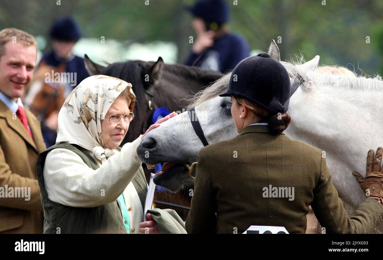File photo dated 9/5/2008 of Queen Elizabeth II stroking a horse at the Royal Horse Show in Windsor, Berkshire. Horses, like dogs, were the Queen's lifelong love and she had an incredible knowledge of breeding and bloodlines. Whether it was racing thoroughbreds or ponies, she showed an unfailing interest. Issue date: Thursday September 8, 2022. Stock Photo