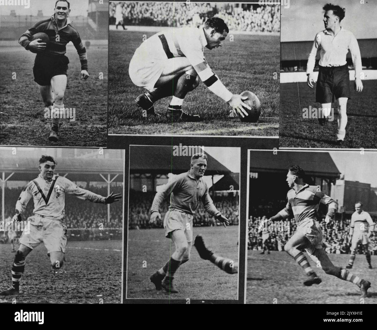 R. Williams (Leeds), E. Ward (Bradford Northern), D. Phillips (Belle Vue), E.J. Ashcroft (Wigan), J. Featherstone (Warrington), F. Higgins (Widnes). England Rugby players for Australian from Provincial Press Agency 80 ***** street Southport Lancs. England. June 27, 1950. (Photo by Provincial Press Agency). Stock Photo