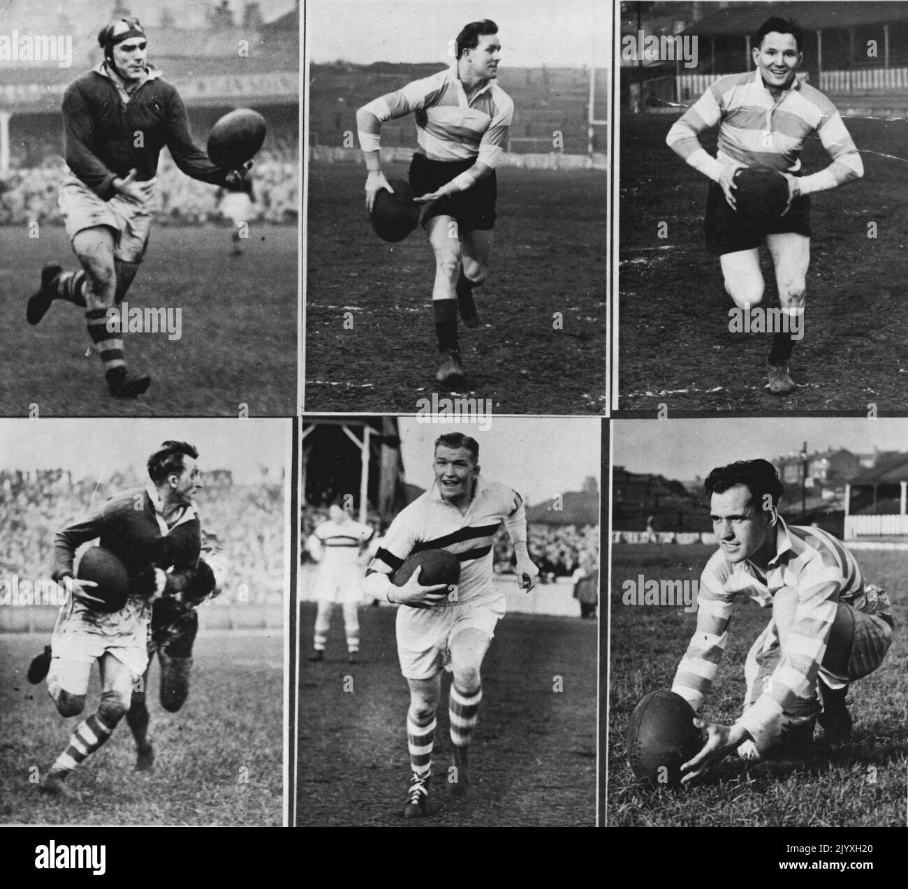 J. Egan (Wigan), M. Ryan (Wigan), K. Gee (Wigan), J. Cunliffe (Wigan), K. Traill (Bradford N.) J.Hilton (Wigan). June 27, 1950. (Photo by Provincial Press Agency). Stock Photo