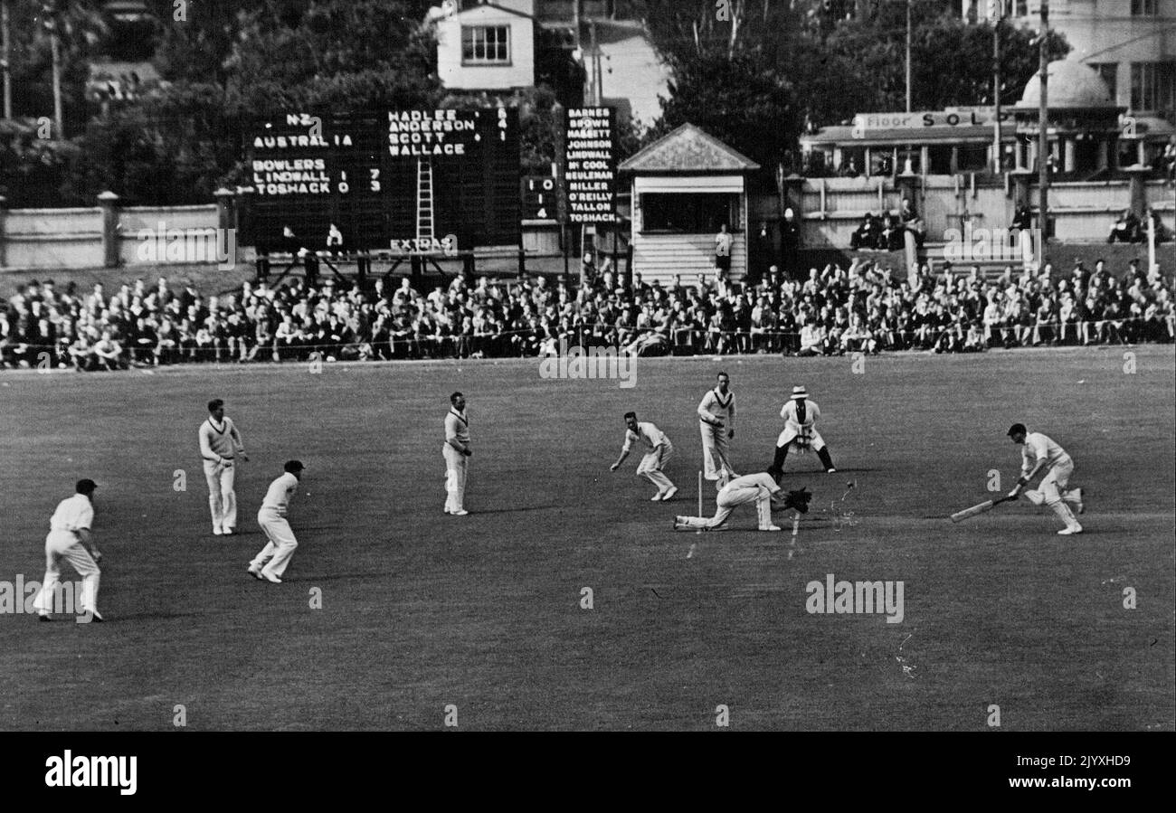 Cricket Test at Wellington. Hadlee NZ Captain has an arrow escape from