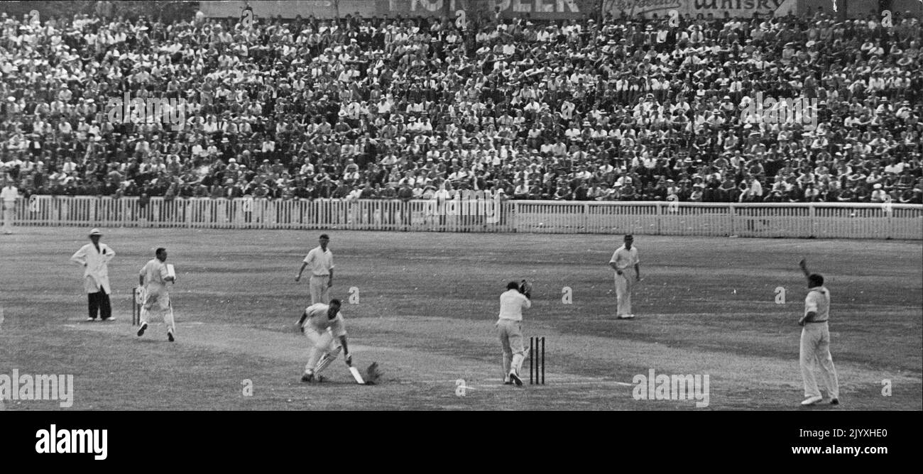 Australia Vs Auckland Second Day -- Allan is run out G. Wallace (immediately behind Tallow) was the Feldman & Kent wicketkeeper at for end. March 06, 1946. Stock Photo