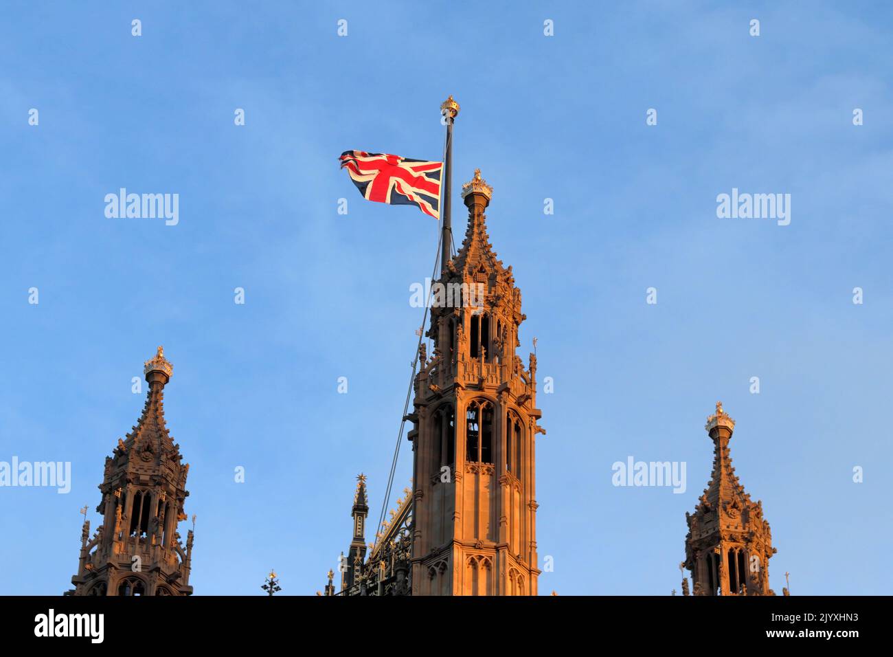 The Union Flag flying at half-mast on the Victoria Tower, tribute to Her Majesty the Queen Elizabeth II Stock Photo