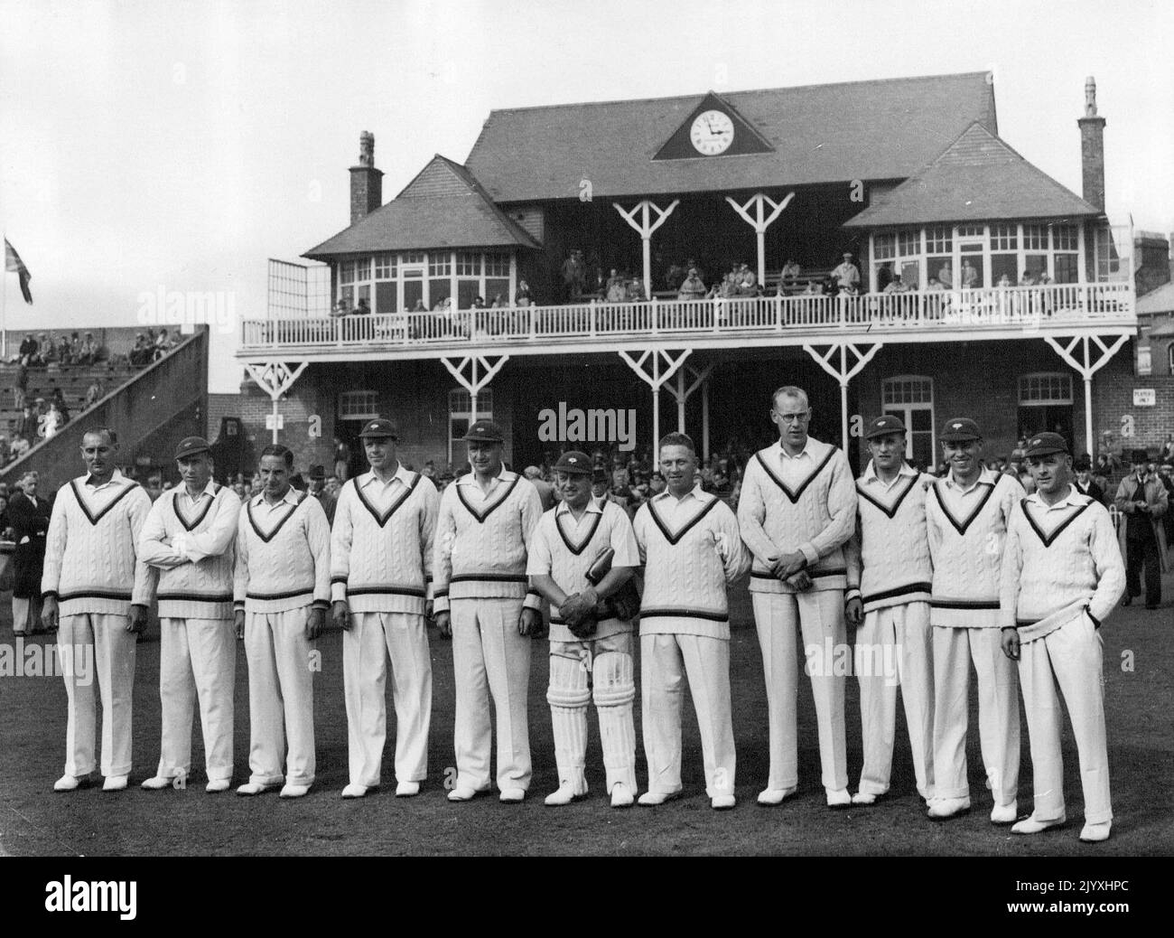 Opening of Scarbobough Cricket Festival With A Match - M.C.C. V. Yorkshire, the County Champions. First Day - M.O.C. 180 for four wickets. Play delayed by rain. The team, representing Yorkshire, the Champion County. September 4, 1938. (Photo by Sport & General Press Agency, Limited). Stock Photo