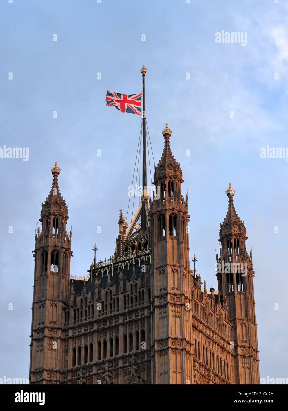 The Union Flag flying at halfmast on the Victoria Tower, tribute to Her Majesty the Queen