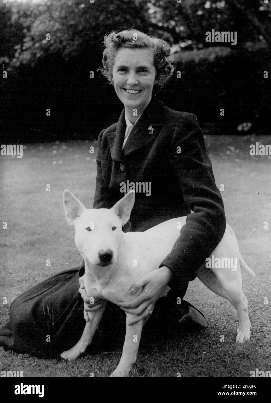 Prunella Stack, who his back in England from a South Africa for the coming of age celebrations of the Women's League of Health and beauty photographed to-day with Weezle, a Bull Terrier, at Rusper, near Horsham, home of Lady Jean Zinovieff. Prunella the 'Perfect Woman' of the late 1930's - took over the League in 1935. November 9, 1951. (Photo by Daily Mail Contract Picture). Stock Photo