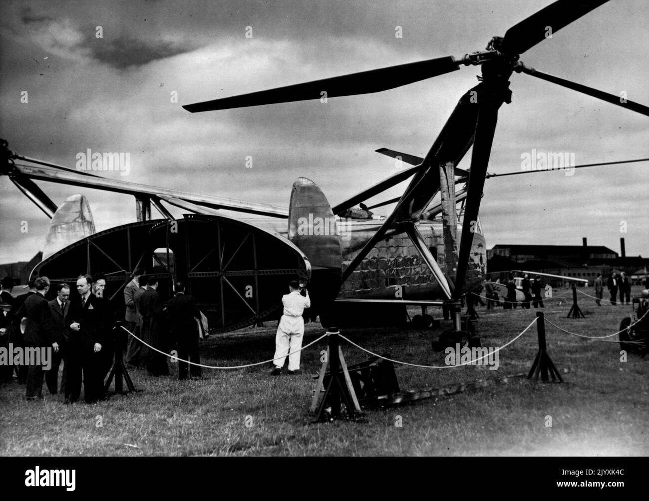 British Aircraft On Show To The World -- The Cierva Helicopter W-11 'Air Horse', with tail opened, at the exhibition. It carries 24 passengers. The annual exhibition of the Society of British Aircraft Constructors, which opened yesterday at Farnborough, Hampshire, introduced some of the latest British aircraft to the public and the world. September 8, 1948. (Photo by Fox Photos). Stock Photo