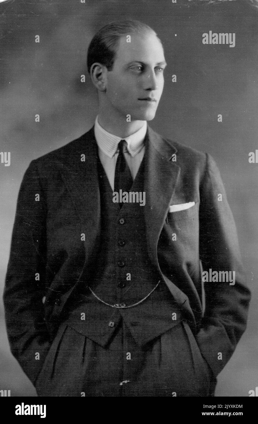 Youngest brother of H.R.H. The Duchess of Gloucester & The Duke of Buccleuch and Queensberry to wed - Lord George Francis John Montagu Douglas Scott, 10th Royal Hussars. Youngest son of the late Duke of Buccleuch and the Dowager Duchess of Buccleuch and brother H.R.H. The Duchess of Gloucester and the present Duke of Buccleuch. His engagement is announced to Miss Mary Wina Mannin Bishop only daughter of Lt. Colonel and Mrs. H.O. Bishop of Harewood, Andover Down. Hants. Miss Bishop is ***** shown as ***** Bishop. September 27, 1938. (Photo by Hay Wrightson). Stock Photo