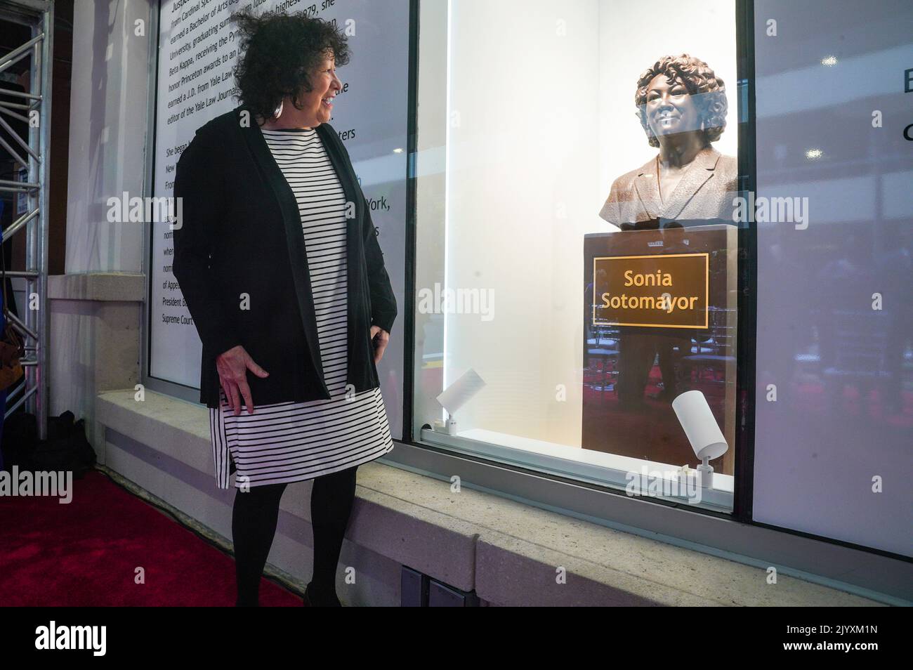 Associate Justice of the Supreme Court Sonia Sotomayor looks at a bronze bust of herself after it was unveiled at the Bronx Terminal Market, Thursday, September 8, 2022, in New York, New York. Credit: Bebeto Matthews/Pool via CNP /MediaPunch Stock Photo