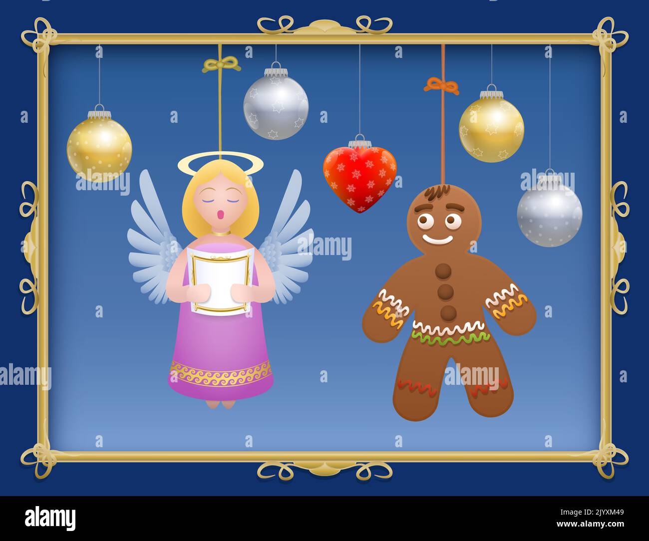 Gingerbread man in love with singing angel, hanging christmas balls and heart decoration, golden frame. Stock Photo