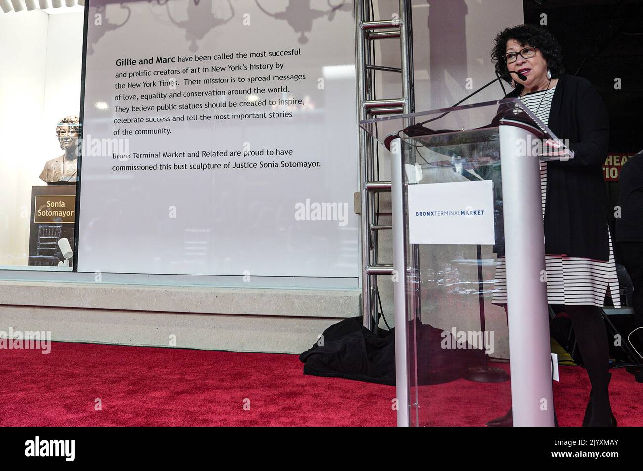 Associate Justice of the Supreme Court Sonia Sotomayor speaks after the unveiling of a sculpture of herself, left, at the Bronx Terminal Market, Thursday, September 8, 2022, in New York, New York. Credit: Bebeto Matthews/Pool via CNP /MediaPunch Stock Photo