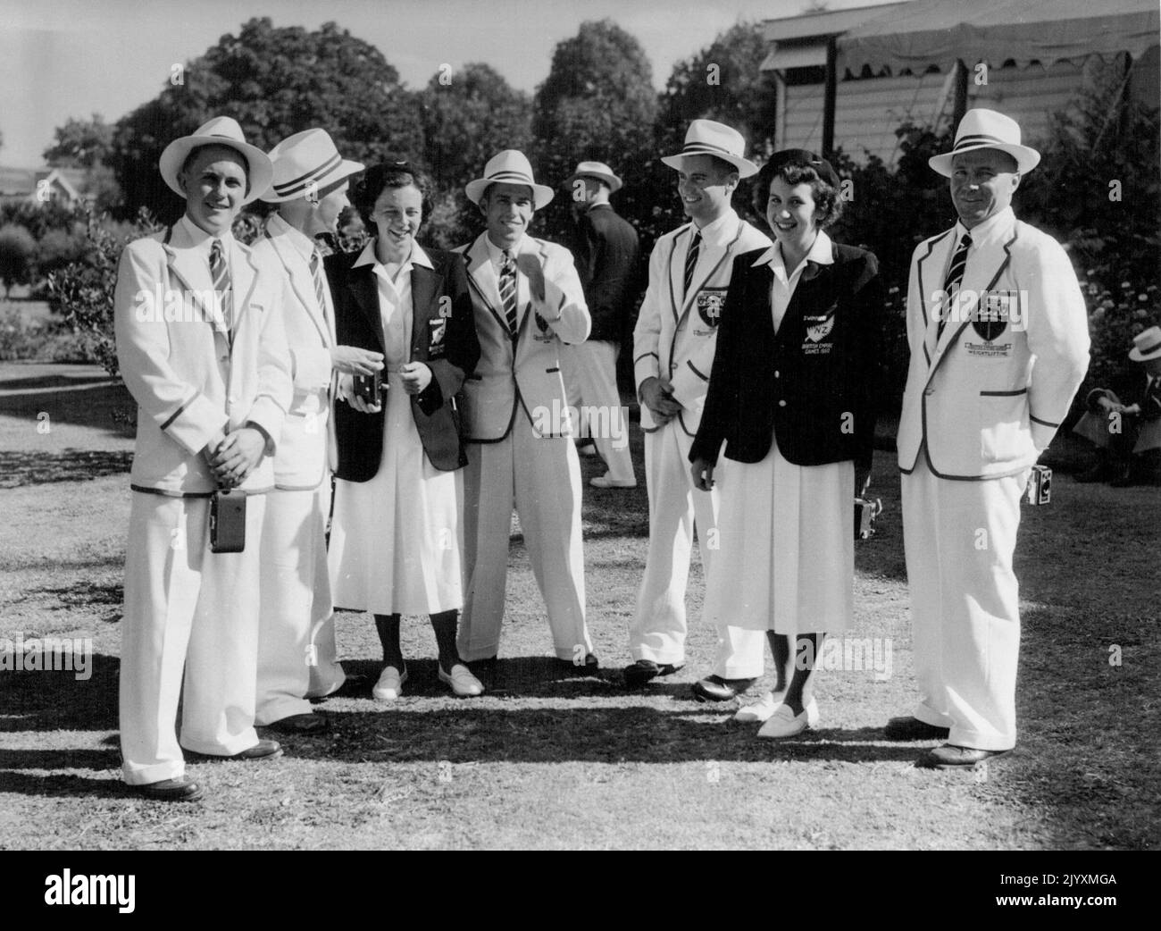 Empire Games Garden Party at Auck Empire Games Garden Party at Auckland, New Zealand. Rhodesian Atheletes with New Zealand women swimmers at the vice-Regal garden party at Government house, Auckland, on February 2, From left are K. Bennett, I. S. Johnson, Miss N. Bridson, A. Vercueil, J. Small, Miss A. Mackenzie, A. Oxden-Willows. February 07, 1950. Stock Photo