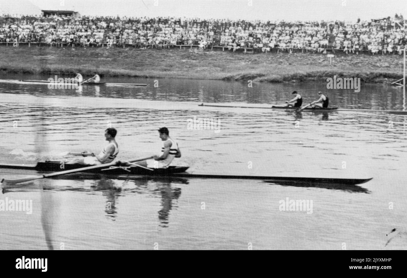 New Zealand Victory - A pair oar team from New Zealand (rights) wins final in British Empire Games on Vedder Canal today. England (foreground) was second with Australia third at far left. August 04, 1954. (Photo by AP Wirephoto) Stock Photo
