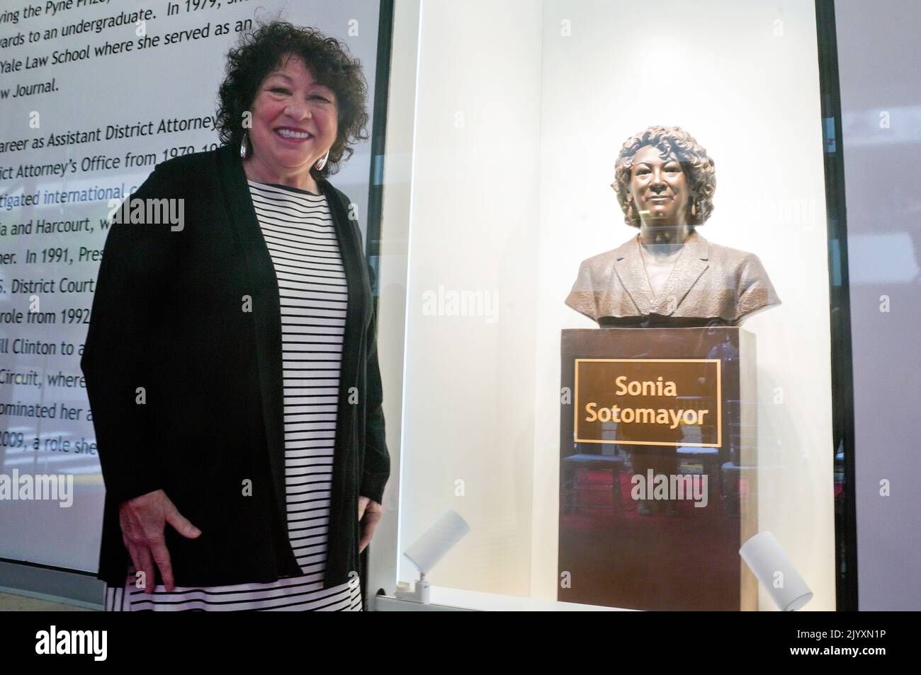 Associate Justice of the Supreme Court Sonia Sotomayor poses for a photo next to a bronze bust of herself after it was unveiled at the Bronx Terminal Market, Thursday, September 8, 2022, in New York, New York. Credit: Bebeto Matthews/Pool via CNP /MediaPunch Stock Photo