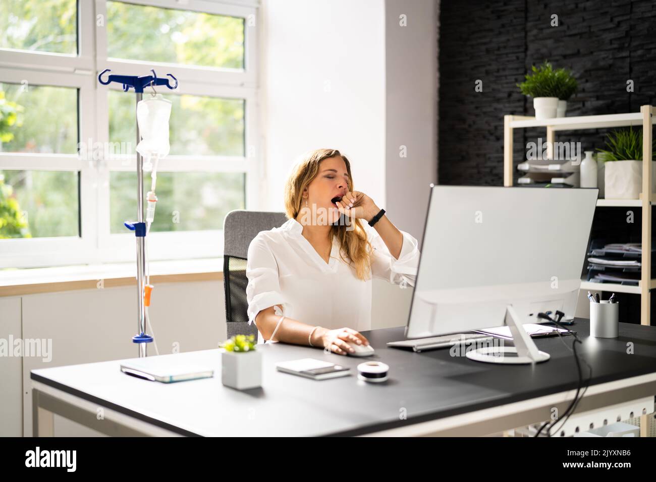 IV Drip Therapy In Office. Sick Woman Workload Stock Photo Alamy