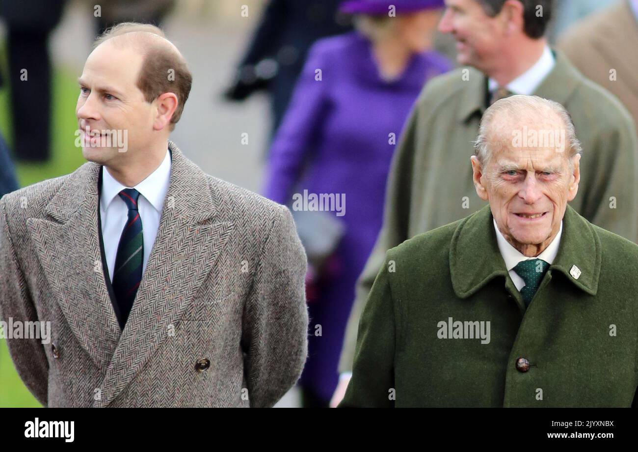 File photo dated 25/12/20212 of the Earl of Wessex and the Duke of Edinburgh attending St Mary Magdalene Church, on the royal estate at Sandringham in Norfolk for the traditional Christmas Day church service. Issue date: Thursday September 8, 2022. Stock Photo
