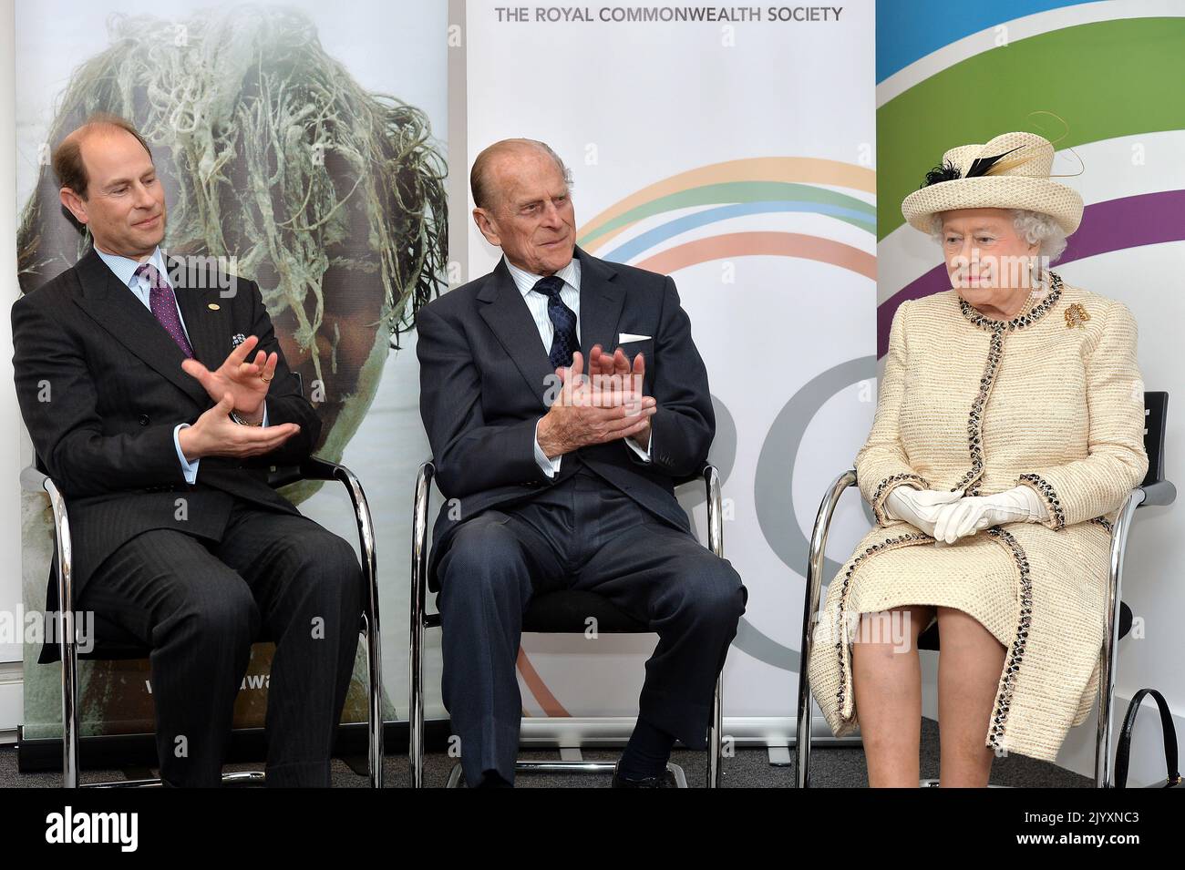 File photo dated 12/3/2014 of Queen Elizabeth II and Duke of Edinburgh with the Earl of Wessex (left) listening to a welcome address at the start of their visit to the Royal Commonwealth Society and the Duke of Edinburgh Awards offices which share the same building in Westminster, central London. Issue date: Thursday September 8, 2022. Stock Photo
