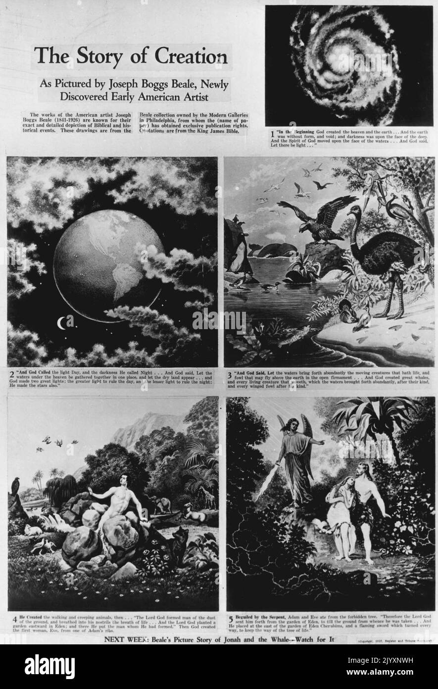 The Story of Creation -- As Pictured by Joseph Boggs Beale, Newly Discovered Early American Artist. The works of the American artist Joseph Boggs Beale(1841-1926) are known for their exact and detailed depiction of Biblical and historical events. These drawings are from the Beale collection owned by the Modern Galleries in Philadelphia, from whom the (name of paper) has obtained exclusive publication rights. Quotations are from the King James Bible. 1.'In the Beginning God created the heaven and the earth ... And the earth was without form, and void: and darkness was upon the face of the deep. Stock Photo