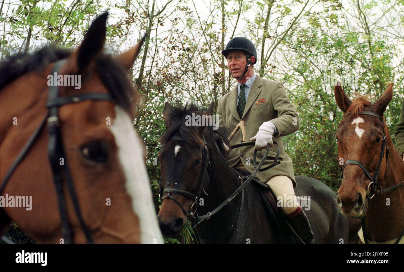 File photo dated 30/10/1999 of Prince of Wales on horseback at the Beaufort Hunt on the first day of the new foxhunting season at Shipton Moyne. Issue date: Thursday September 8, 2022. Stock Photo