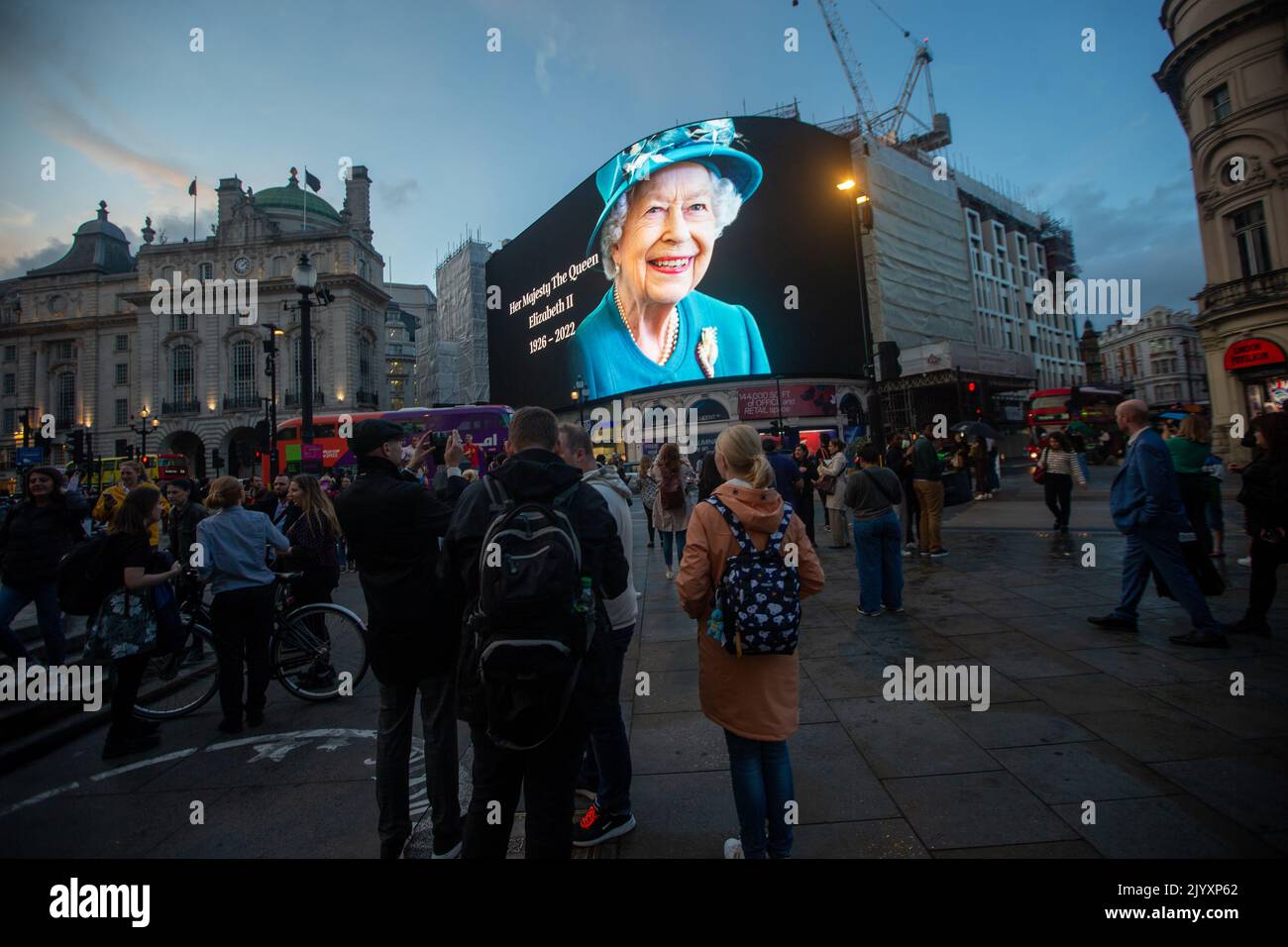London, England, UK. 8th Sep, 2022. A tributet to Queen Elizabeth II is on display on giant screen in Piccadilly Circus after her death announcement. (Credit Image: © Tayfun Salci/ZUMA Press Wire) Stock Photo