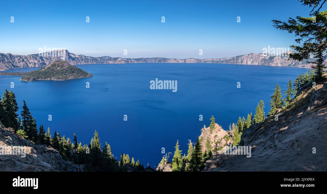 Crater Lake panorama and surrounding nature Oregon state. Stock Photo