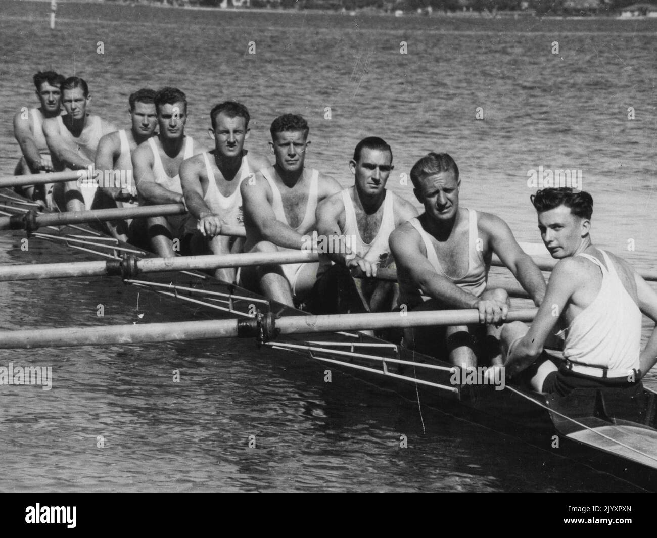 N.S.W. King's Cup Crew In Perth -- L. Robinson (stroke), O.A. Ruffels, P. Webb, B.H. Goswell, C.A. Cogle, G. Montgomerie, D. Bartley, A. Brown (bow), E.B. Healy (cox). May 21, 1947. Stock Photo