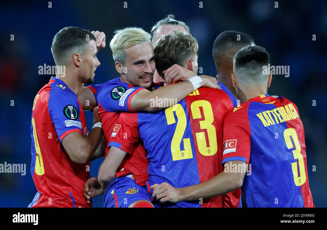 Soccer Football - Europa Conference League - Group H - Basel v Pyunik - St. Jakob-Park, Basel, Switzerland - September 8, 2022 Basel's Wouter Burger celebrates scoring their second goal with teammates REUTERS/Stefan Wermuth Stock Photo