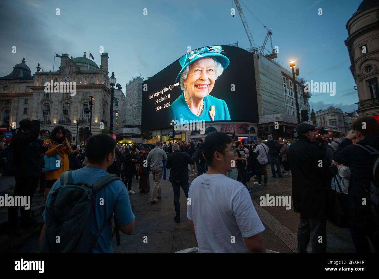 London, England, UK. 8th Sep, 2022. A tributet to Queen Elizabeth II is on display on giant screen in Piccadilly Circus after her death announcement. (Credit Image: © Tayfun Salci/ZUMA Press Wire) Stock Photo