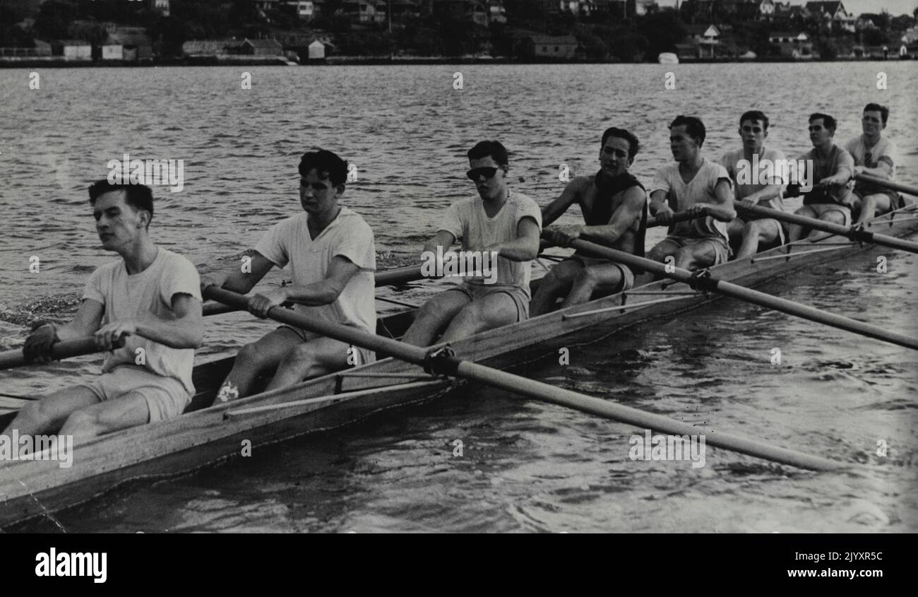 Sydney High School Eight in training for the GPS Head of The River race to be rowed on the Nepean on April 15. The crew (left to right) is: G. Mahony, K. Walkenden, J. Harris, T. Pilger, E. Foster, D. White, B. Stuart, J. Reddish. March 25, 1950. Stock Photo