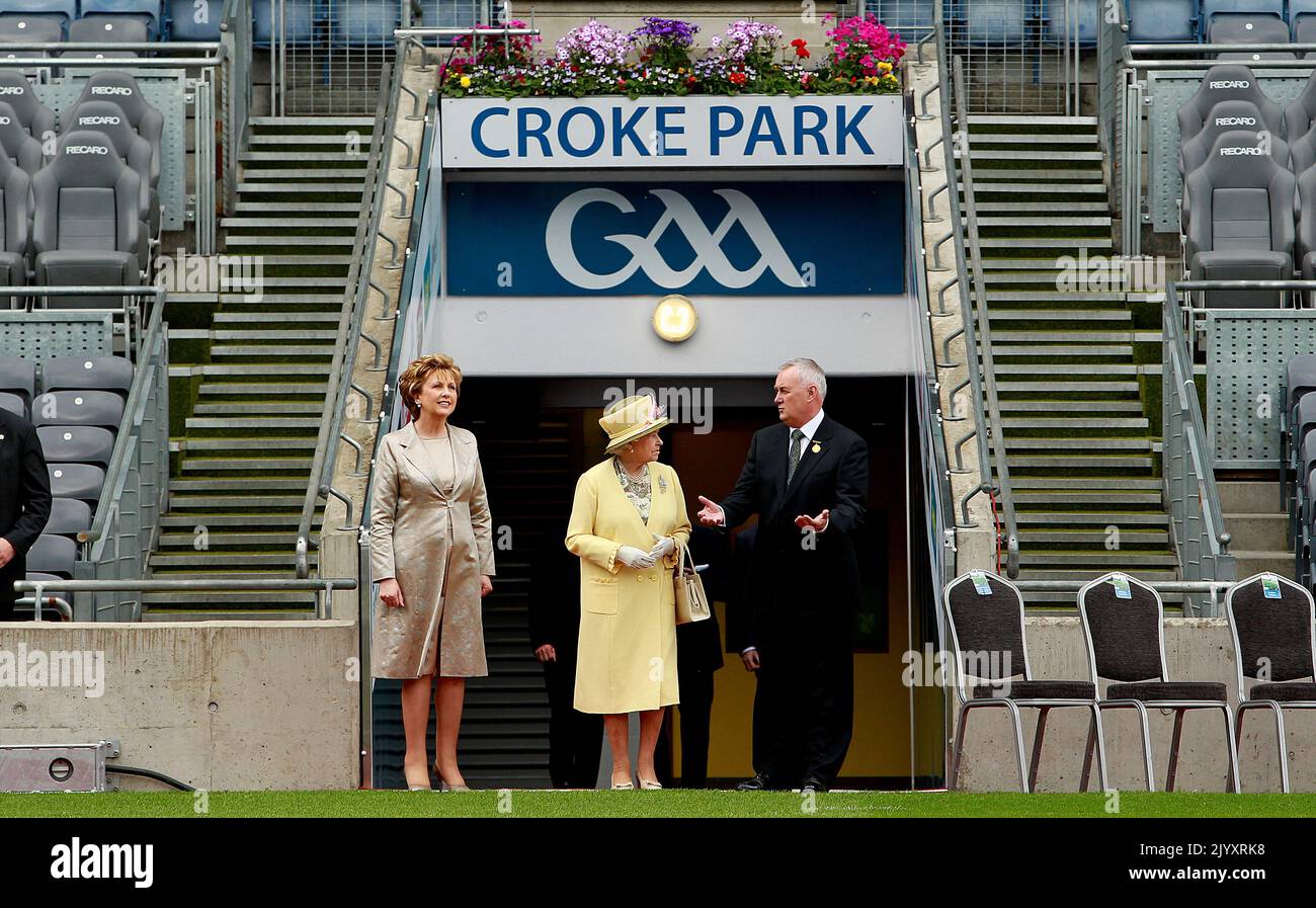 File photo dated 18/5/2011 of the President of the Irish Republic Mary McAleese, Queen Elizabeth II and GAA President Christy Cooney at Croke Park, Dublin, during the second day of her State Visit to Ireland. Issue date: Thursday September 8, 2022. Stock Photo