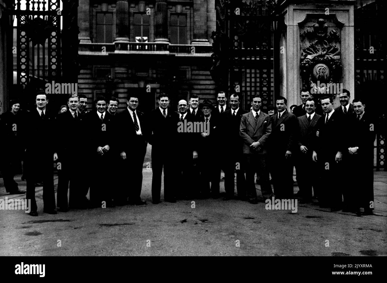 The Wallabies At The Palace -- Members of the Australian Rugby Union side-The Wallabies, pictured as they left Buckingham Palace after being received by the King and Queen this morning (Wednesday). Members of the Australian Rugby Union Football team visiting this country were received by Their Majesties the King and Queen at Buckingham Palace this morning (Wednesday). February 11, 1948. Stock Photo