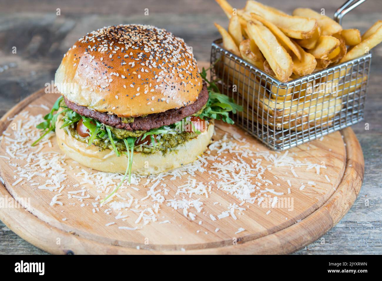 Vegan hamburger with no meat alternative. Plant based burger with pesto