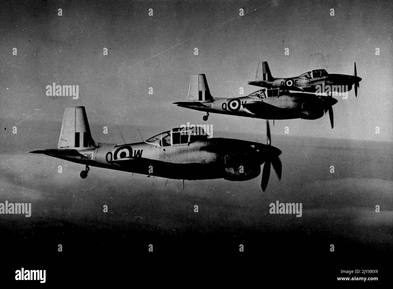 New British Trainer Aircraft In Service -- 'Balliol' trainer planes from a flying training school practice formation flying. The new British 'Balliol' T.2 trainer plane is now superceding the Harvard as the advance single pistoned engined trainer of the Royal Air Force. The machine is fitted with a Rolls-Royce Merlin engine and instructor and pupil sit side by side. January 26, 1953. (Photo by Sport & General Press Agency, Limited). Stock Photo