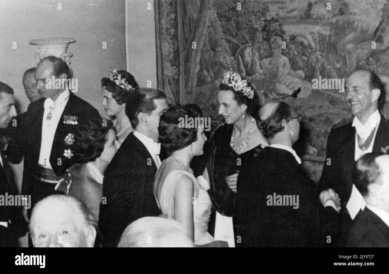 Royal Reception. Photo Shows. The reception for the wedding given by the Bride's Father... seen (right) receiving his guests together with (left to right) Prince Alexander, Princess Maria Jose. Princess Maria Pia, Daughter of ex-King Umberto of Italy, Marries Prince Alexander of Yugoslavia in Estoril, Portugal, today. February 12, 1955. (Photo by Paul Popper, Paul Popper Ltd.) Stock Photo