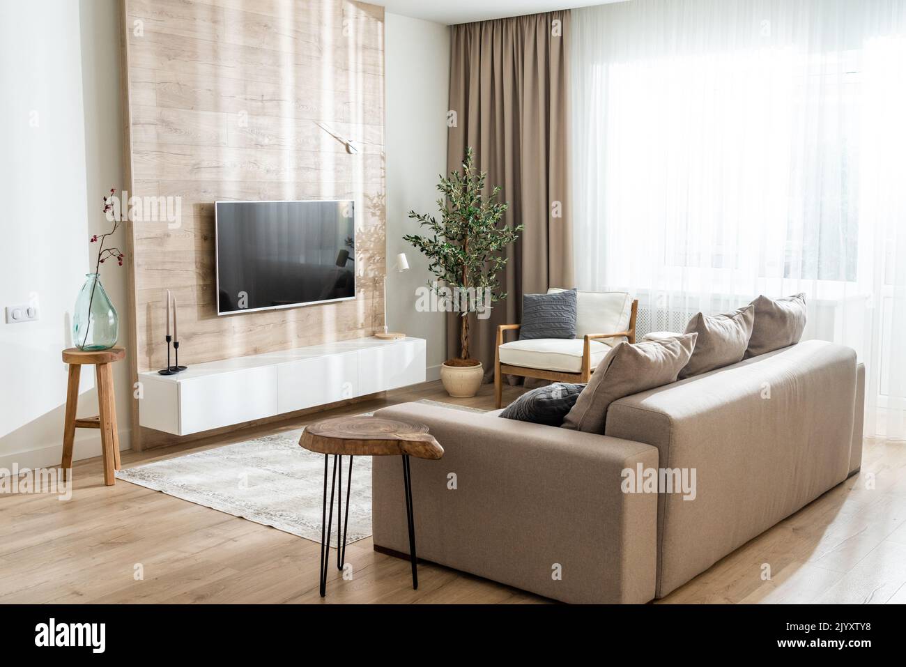 Sofa in the living room in a modern apartment with a convenient