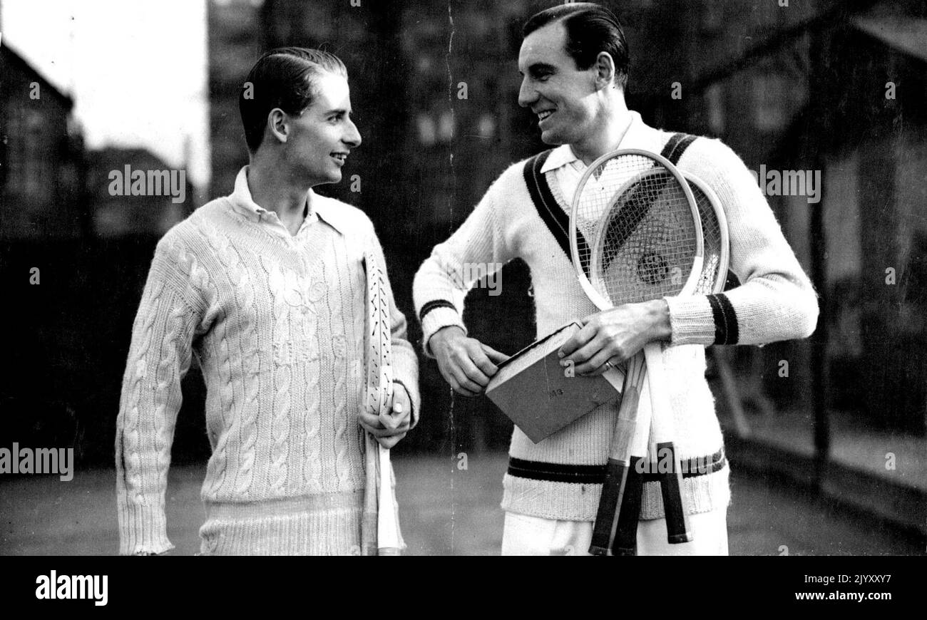 Perry and Austen Start Training. Perry and Austen photographed at the Welbury Club this afternoon. F.J. Perry and 'Bunny' Austen started practise for the coming tennis season this afternoon, at the Welbury club, Kennington. March 18, 1936. (Photo by Keystone). Stock Photo