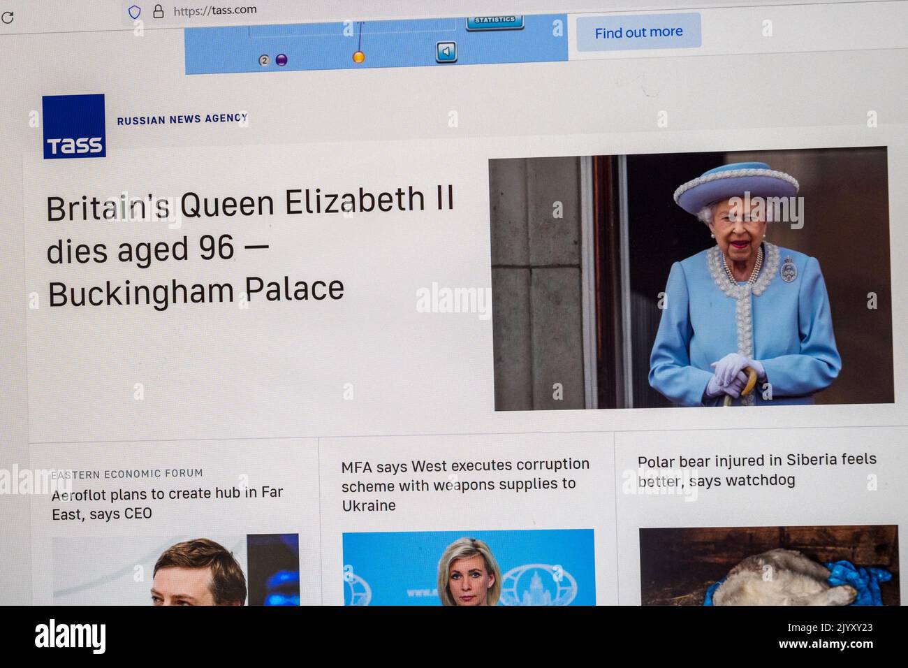 The immediate reaction of TASS (at 6.52pm UK time) to the annoucement (6.30pm UK time) of the death of Queen Elizabeth II, 8th September 2022. Stock Photo
