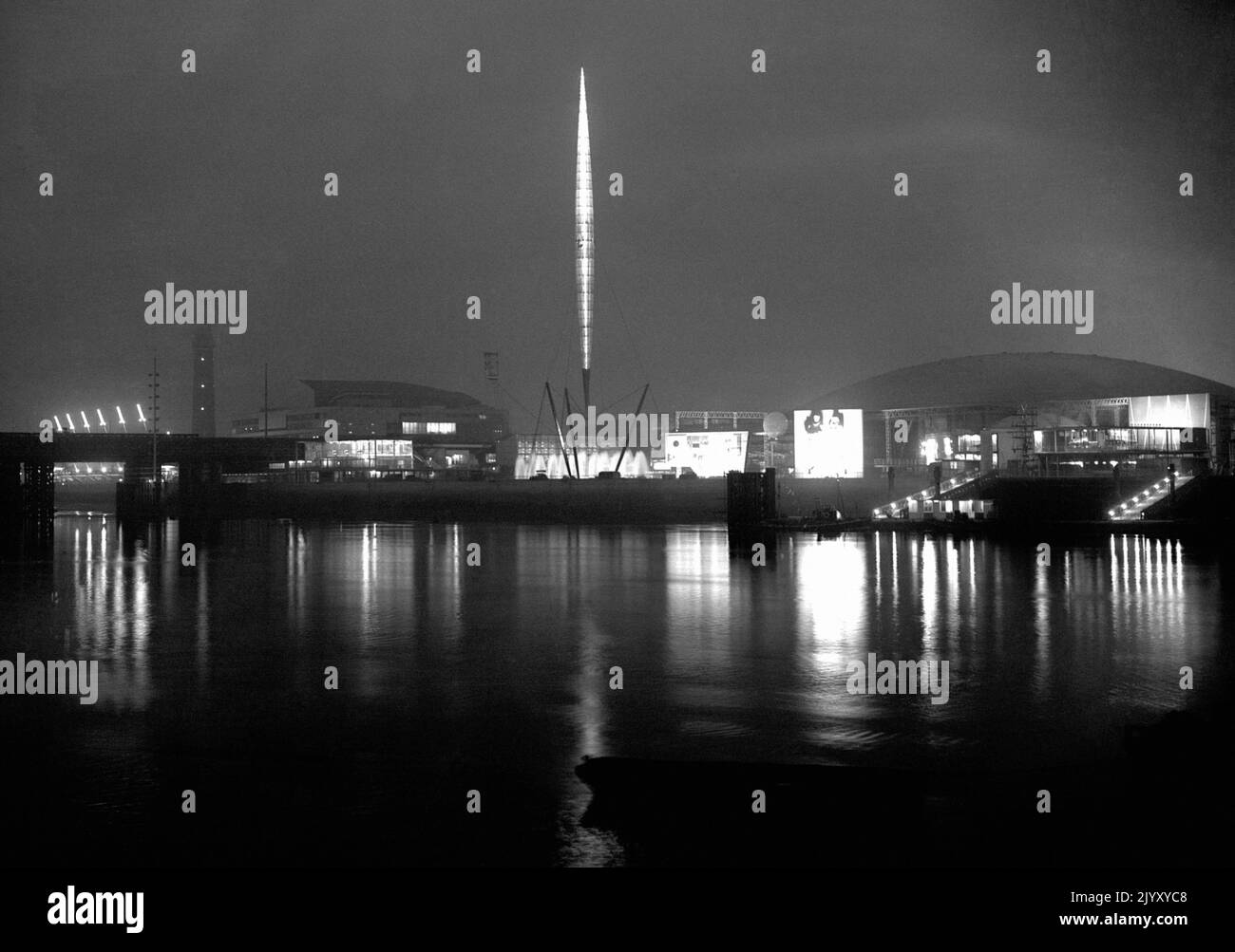 1951. File photo dated April 1951 of the lights of the South Bank exhibition in London - including the 250 ft long Skylon suspended 40 ft above the ground - being tested ahead of the opening of the Festival of Britain. Issue date: Thursday September 8, 2022. Stock Photo