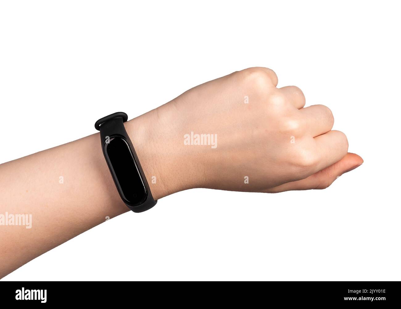 Woman hand with fitness tracker isolated on white background