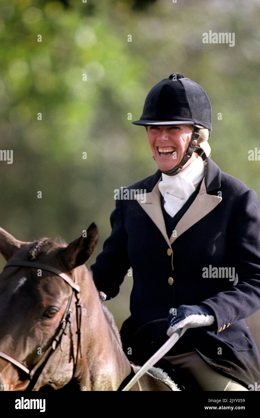 File photo dated 6/11/1995 of Camilla Parker-Bowles hunting with the Duke of Beaufort hounds near Tetbury, Gloucestershire. Camilla became the Duchess of Cornwall when she married the Prince of Wales. The former Camilla Parker Bowles has always been heralded by those who know her for her witty, warm, down-to-earth attitude. Her love of her family and her devotion to Charles has seen her through tough times when she was branded the 'other woman' to Diana, Princess of Wales. Issue date: Thursday September 8, 2022. Stock Photo