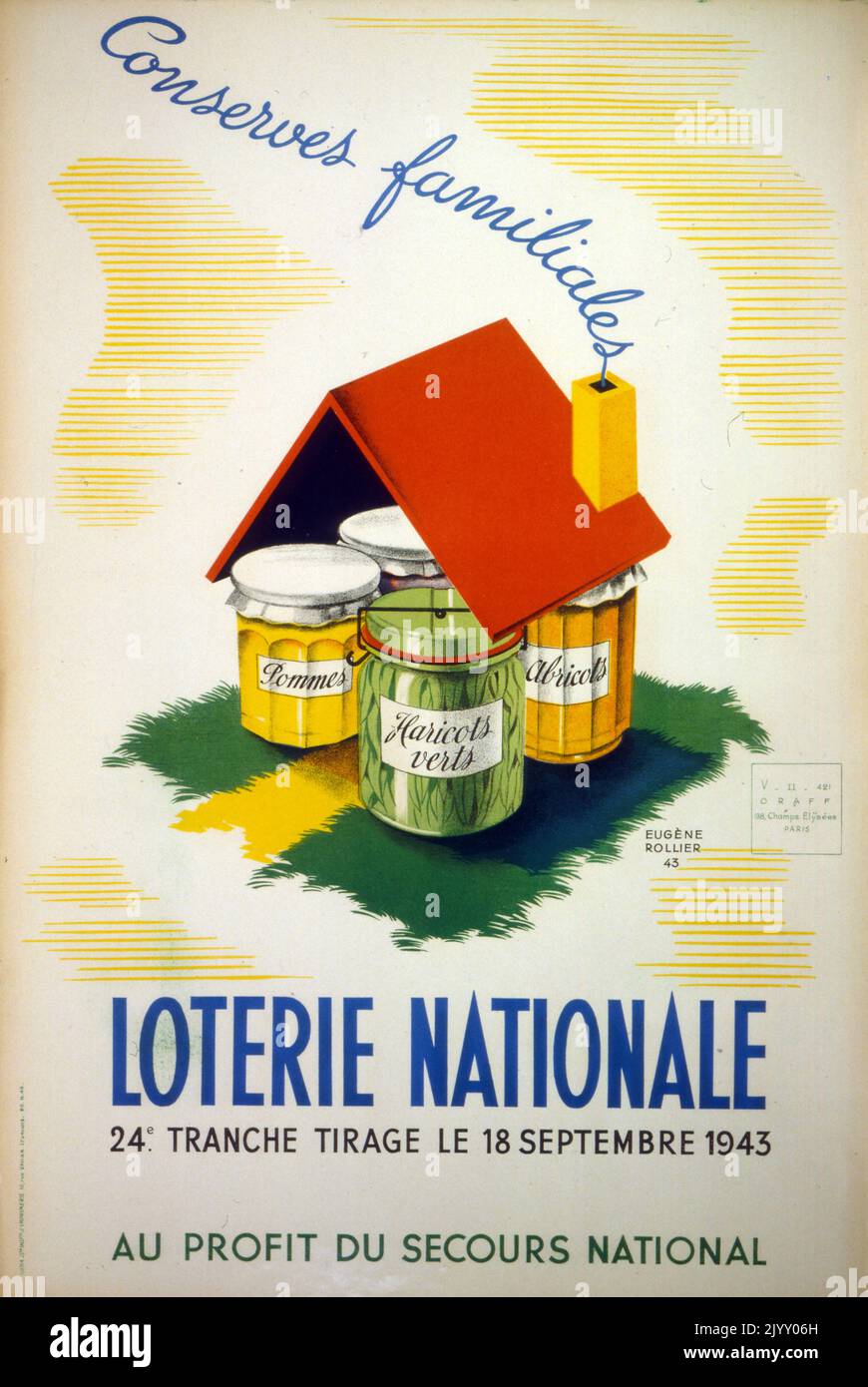 French 'National Lottery' Poster 1945. highlighting a campaign to fund public parks for war orphans, after the devastation of World War Two and occupation of France. Stock Photo